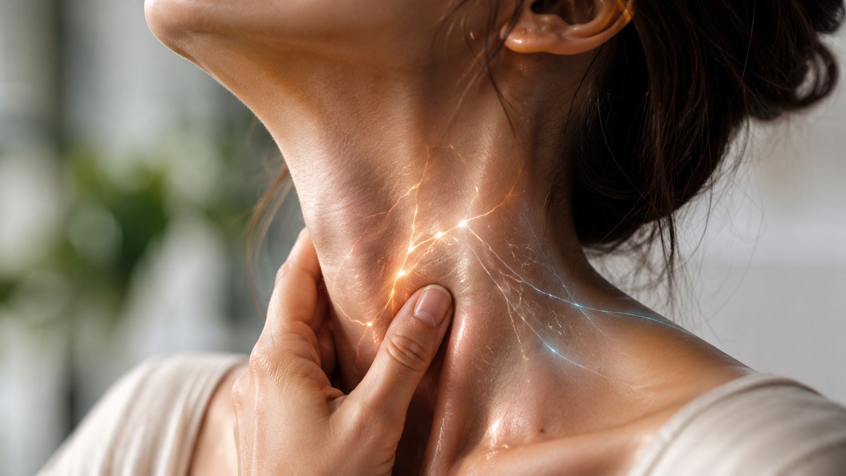 A person feeling neck pain with a glowing visualization representing nerve discomfort in the neck area.