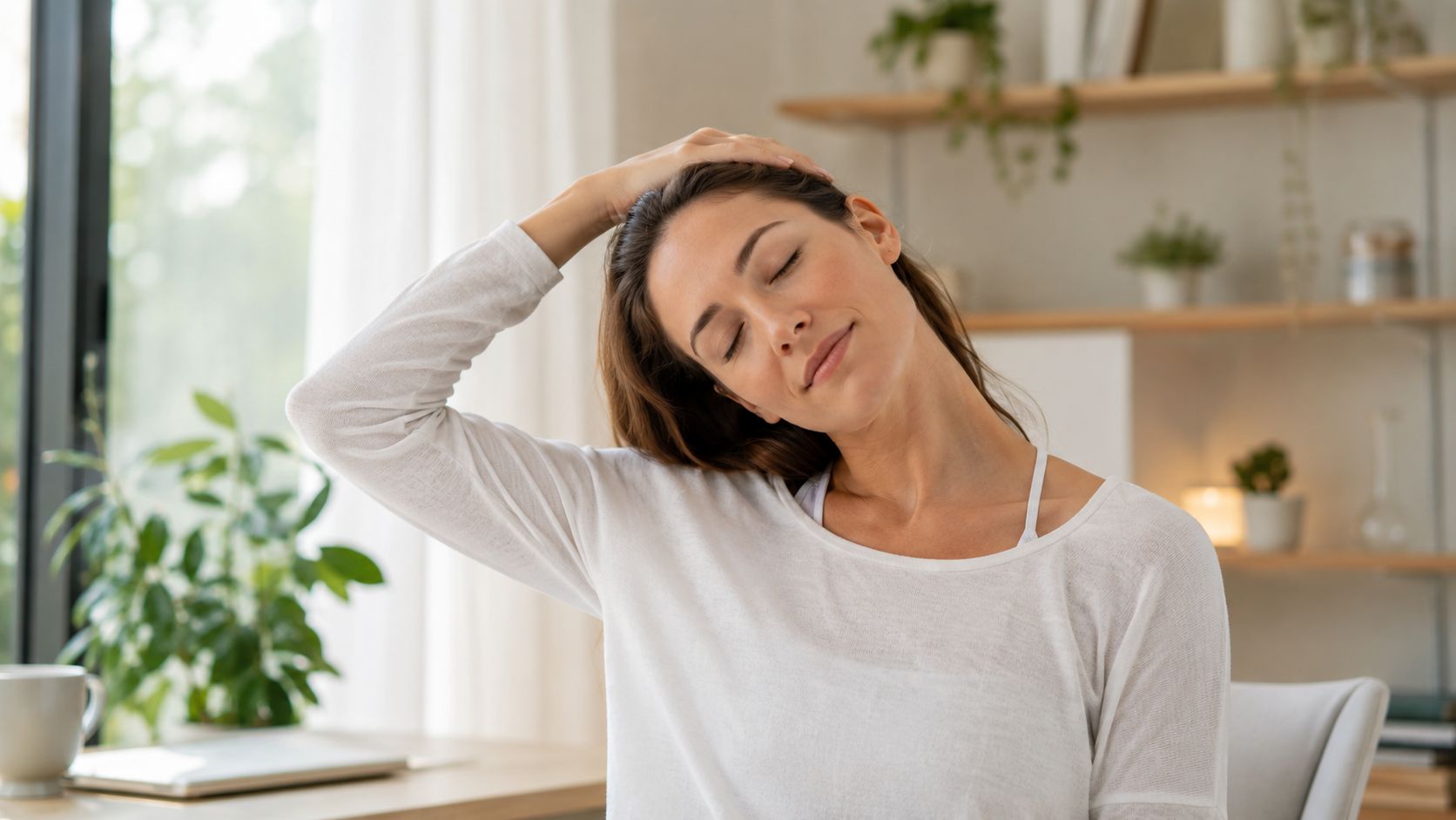 A woman performing a neck stretching exercise to relieve tension while sitting at her home workspace.