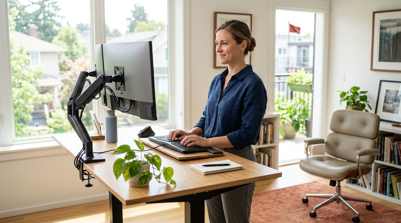 A professional woman working at a modern height-adjustable standing desk in a bright, organized home office.