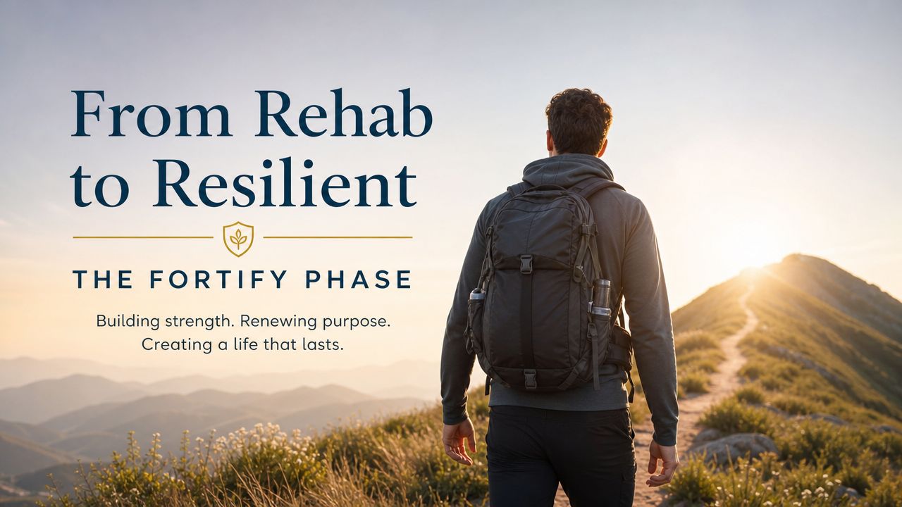 A man wearing a backpack walks up a mountain trail towards the sunrise during his recovery journey.